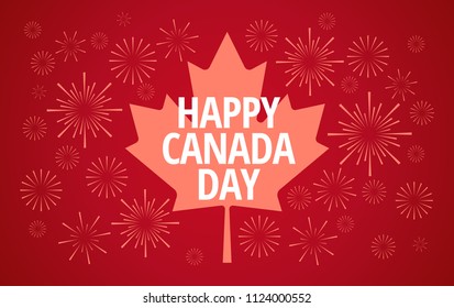 Happy Canada Day fireworks celebration greeting card vector background - Canada maple leaf, fireworks, Happy Canada Day celebration typography