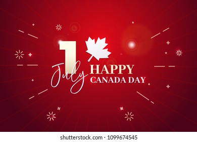 Happy Canada Day, first of july. Vector background illustration. Canadian flag colors and maple leaf shapes. Retro style with calligraphic text and firework elements