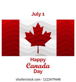 Happy Canada Day. Flag of Canada with red paper cut canada maple leaf.