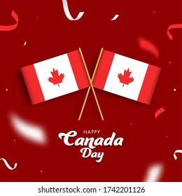 Happy Canada Day Font with Canadian Flags and Ribbons Decorated on Red Background.