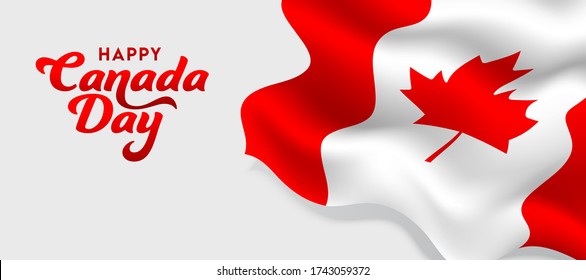 Happy Canada Day Font with Glossy Canadian Wavy Flag on White Background.