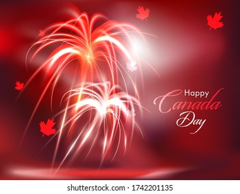 Happy Canada Day Font with Maple Leaves on Red Fireworks Background.