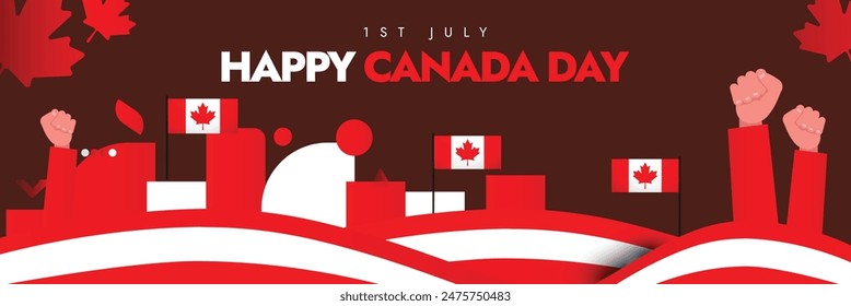 Happy Canada day formerly known as Dominion Day. 1st July Happy Canada Day celebration cover banner, social media post with its flag, abstratc art design in its flag color, fist bumps in air. 