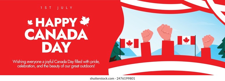 Happy Canada day formerly known as Dominion Day. 1st July Happy Canada Day celebration cover banner, social media post with its flag, abstratc art in its flag color, fist bumps in air, maple leaf.