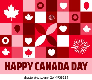 Feliz Dia do Canadá forma geométrica Padrão banner de fundo ou design de cartaz com Festivo Red e White Grid com Maple Leaves, Copas, Fogos de Artifício, e Balões para a Celebração Nacional.