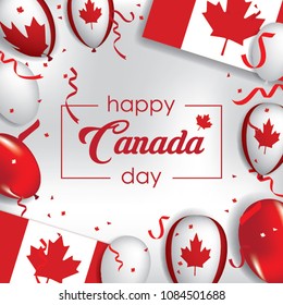 Happy Canada Day Greeting card, poster with balloons, Canadian flag, and confetti on white background. vector illustration