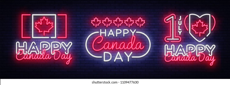 Happy Canada Day Greeting Card collection Design template modern trend style. Canadian Day Neon sign, light banner. 1 July Canadian Day. Vector illustration