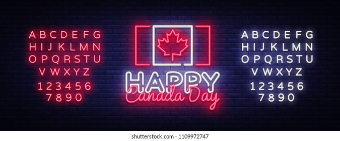 Happy Canada Day Greeting Card Design template modern trend style. Canadian Day Neon sign, light banner. 1 July Canadian Day. Vector illustration. Editing text neon sign