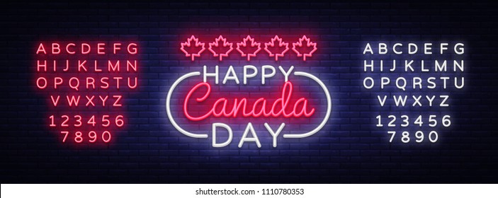 Happy Canada Day Greeting Card Design template modern trend style. Canadian Day Neon sign, light banner. 1 July Canadian Day. Vector illustration. Editing text neon sign