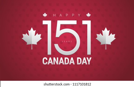 Happy Canada Day greeting card - Canada flag, maple leaf, 151 years Canada Independence day celebration - vector illustration