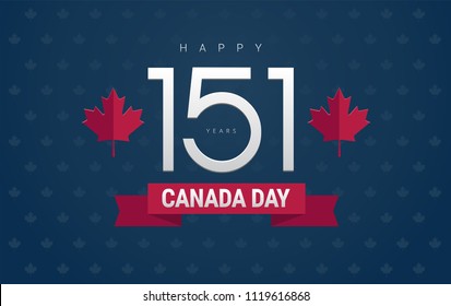 Happy Canada Day greeting card - Canada Day and 151 years text on blue background for the national day of Canada celebration - vector illustration