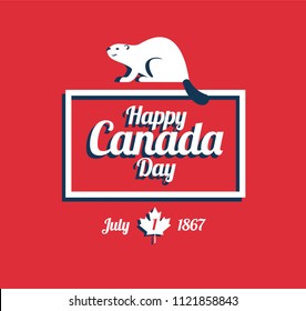 Happy Canada Day greeting card - beaver, national animal of Canada, July 1st, Canada Day typography on red background - vector illustration