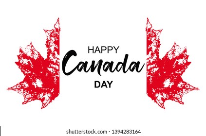 Happy Canada Day greeting card. Canadian flag grunge vector illustration  with hand drawn calligraphy lettering and watercolor Canada nation symbol - maple leaf on white background - Vector