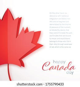 Happy Canada Day greeting card. Elegant template with red paper cut maple leaf for posters, flyers, invitations. Vector illustration.