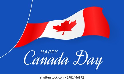 Happy Canada Day greeting card. Great Holiday - National Day of Canada. Canada flag flutters in the wind over beautiful inscription isolated on blue background. Vector illustration