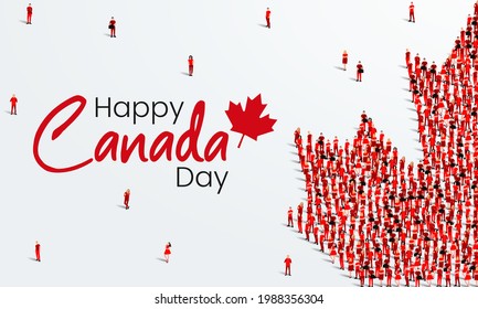 Alles Gute zum Canada Day Grußkartendesign. Eine große Gruppe von Menschen bildet Ahornblatt. 1. Juli Feierlichkeiten Hintergrund. Vektorgrafik.