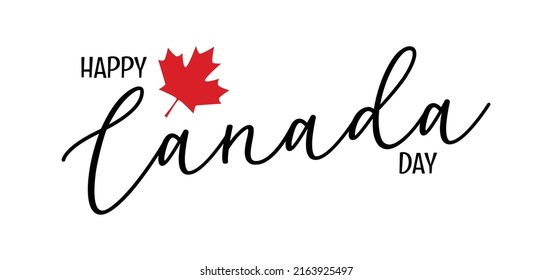 Happy Canada Day greeting card with text lettering. Bright red maple leaf flag icon vector illustration isolated on white background