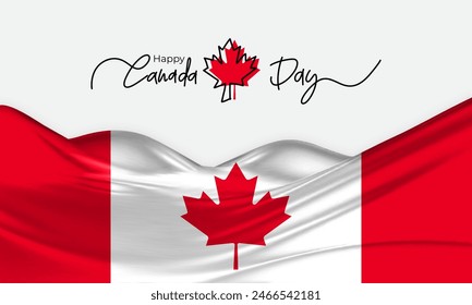 Happy Canada Day Greeting Card Design. Handwritten lettering or font logo for Canada Day with realistic red maple leaf. Fabric Canada Flag Vector Illustration.