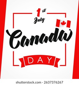 Happy Canada Day greeting card design. Geometric square frame, 3D flag and red ribbon. Set of graphic elements. White and red colours. Creative banner. Social media poster. Blogging timeline story.