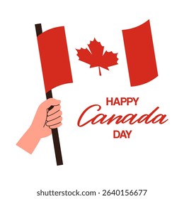 Happy Canada Day greeting card. Hand holding a Canada flag, isolated on white background
