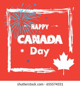 Happy Canada Day! Greeting card, poster, placard with firework, lettering, stars, maple leaf logo red color of the Canadian flag. Canada day patriotic banner, Holiday celebration, vector 2022 template