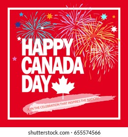 Happy Canada Day! Greeting card, poster, placard with firework, lettering, stars, maple leaf logo red color of the Canadian flag. Canada day patriotic banner, Holiday celebration, vector 2023 template