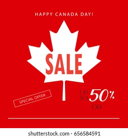 Happy Canada Day! Greeting card, poster, placard, with maple logo, red color of the Canadian flag. Canada day banner, Holiday, celebration, vector illustration template. Sale discount gift card.