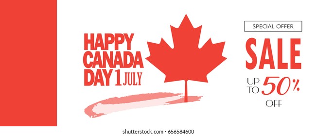 Happy Canada Day! Greeting card, poster, placard, with maple logo, red color of the Canadian flag. Canada day banner, Holiday, celebration, vector illustration template. Sale discount gift card.