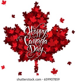 Happy Canada Day hand drawn lettering. Maple leaves texture. Vector illustration EPS10.