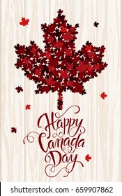 Happy Canada Day hand drawn lettering. Maple leaves texture. Vector illustration EPS10.