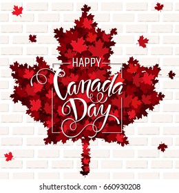 Happy Canada Day handdrawn lettering. Maple leaves texture. Vector illustration EPS10.