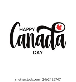 Happy Canada Day handwritten lettering logo with a red maple leaf vector. Canada day typography greeting card, poster, banner. Black ink calligraphy.