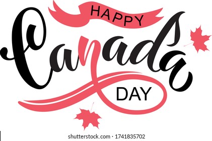 Happy Canada Day handwritten text isolated on white background. Modern brush ink calligraphy with maple leaf illustration. Hand lettering. Postcard, logo, greeting card, banner design. 1st July vector