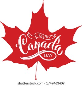 Happy Canada Day handwritten text on red maple leaf background. Modern brush ink calligraphy with symbol of Canada. Hand lettering. Holiday design, print, logo, postcard. Vector illustration 1 of July