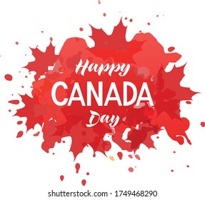 Happy Canada Day handwritten text on abstract watercolor background. Modern brush ink calligraphy with maple leaves and splashes. Hand lettering. Holiday design, print, postcard. Vector illustration