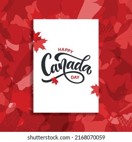 Happy Canada Day handwritten text and red maple leaves. Hand lettering. Modern brush ink calligraphy for poster, banner, greeting card, invitation. Vector illustration, Blank with red maple leaves