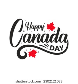 Happy Canada Day Holiday Invitation Design. Red Leaf Isolated on a white background. Greeting card with hand drawn calligraphy lettering.  Concept of Happy Canada Day.