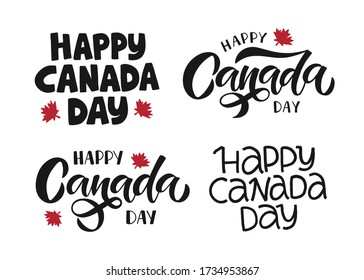 Feliz Día de Canadá vector de vacaciones Juego de ilustraciones. Letras dibujadas a mano con hoja de arce sobre fondo blanco. Diseño tipográfico para banner, publicidad, afiche, tarjeta de saludo, medios sociales.