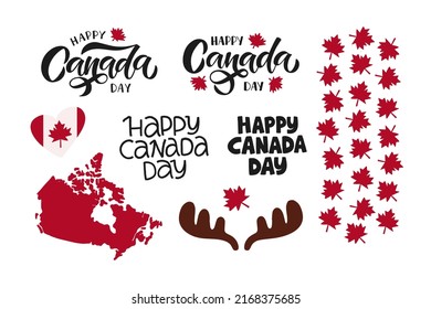 Happy Canada Day holiday vector Illustration set. Hand drawn lettering with maple leaf on white background. Typography design for banner, advertising, poster, greeting card, social media, stickers.