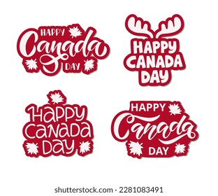Happy Canada Day holiday vector Illustration sticker set. Hand drawn celebration lettering with maple leaf, deer horns on white background. - Shutterstock ID 2281083491