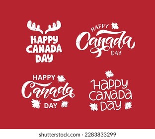 Happy Canada Day holiday vector Illustration set. Hand drawn celebration lettering with maple leaf, deer horns, texture on red background. Design for greeting card, baner, flyer.