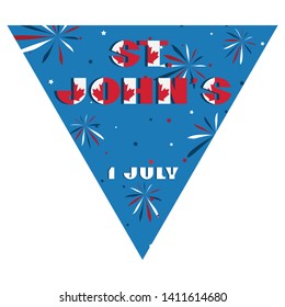 Happy Canada day holyday triangular flag for planar festivals Modern typography with National red and white color on fective firework blue background. Text 1 july St. Johns Vector illustration