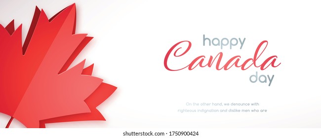 Happy Canada Day horizontal banner with red maple leaf. 1th of July, Canada Day. Vector background in paper art style.