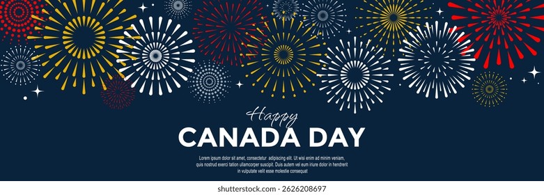 Happy Canada day horizontal banner with fireworks on dark blue background and place for your text. Celebrating Canada independence day. Vector design for web, social media post, advertising, flyers