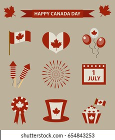 Happy Canada Day icon set, design elements, vintage style.
July 1 National Day of Canada holiday collection of objects with firework, flag, hat, balloons, emblem. Vector illustration