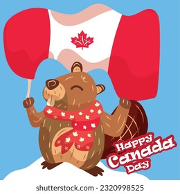 happy canada day Illustrated beaver on snowy top with red flag scarf and maple leaf on july 1st