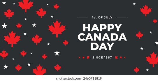 Happy Canada Day illustration background banner header with red maple leaves and stars. Black background. 1st of July national holiday design. Greeting card poster geometrical decoration, covering