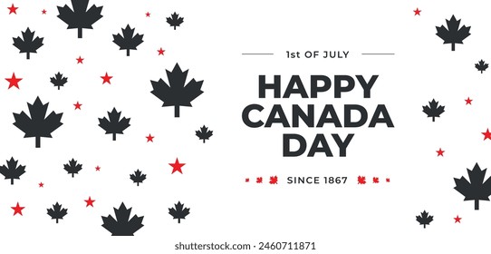 Happy Canada Day illustration background banner header with black maple leaves and stars. Template Victory day. 1st July National Holiday design. Greeting card poster geometrical decoration, covering