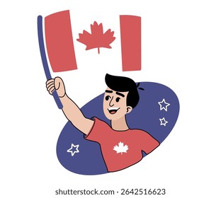 Feliz Dia do Canadá Ilustração - Garoto com Bandeira Canadense e Folha de Maple. Ilustração vetorial plana alegre de um menino sorridente agitando orgulhosamente a bandeira canadense, celebrando o Dia do Canadá. 