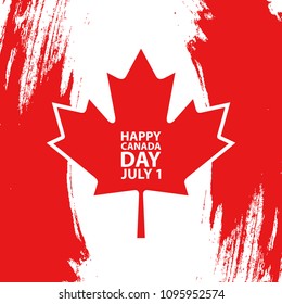 Happy Canada Day, july 1 holiday celebrate card. Maple leaf on red brush stroke background. Vector Illustration. 